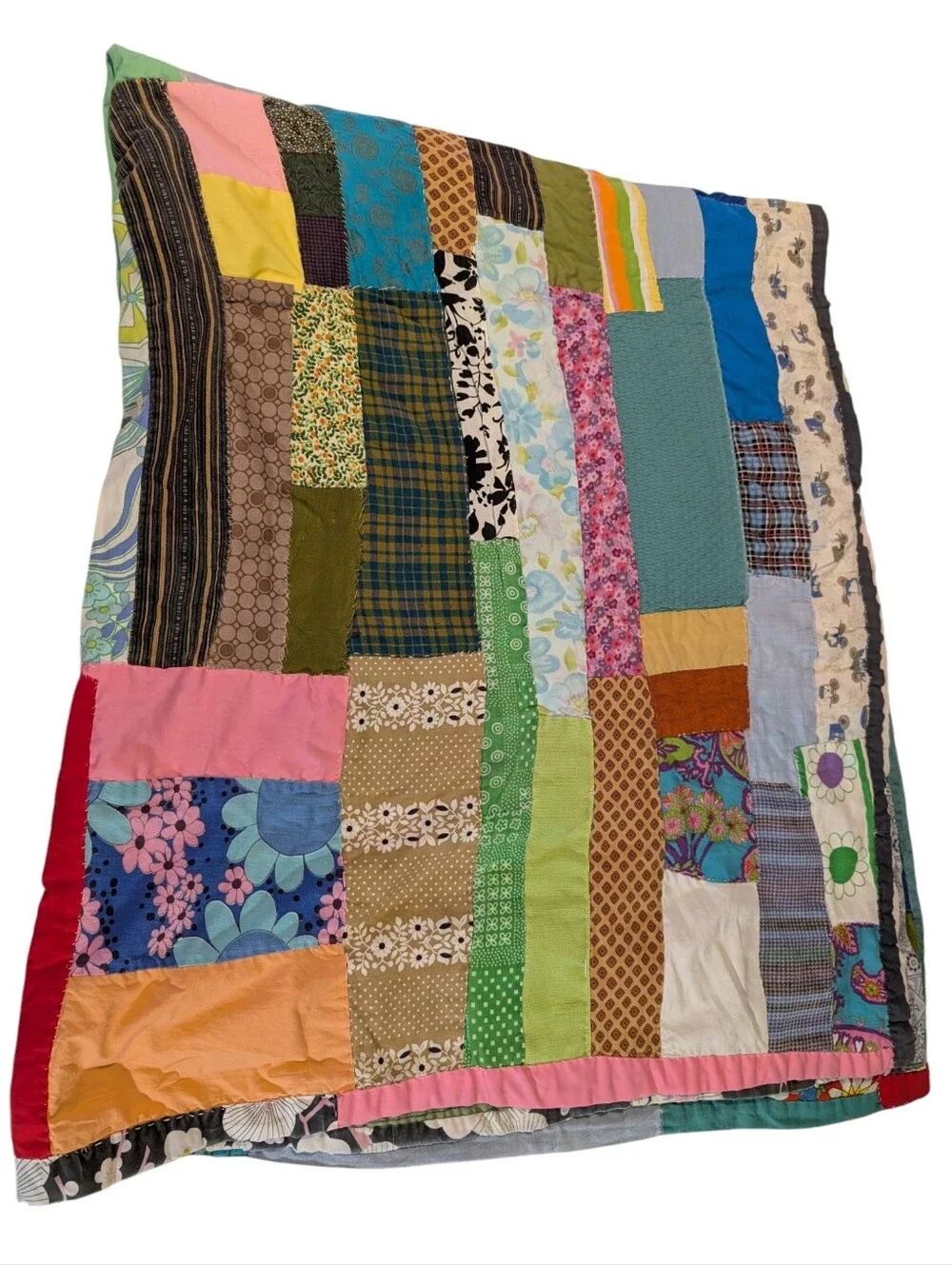 60s 70s Vintage Crazy Patchwork Multi Color Quilt